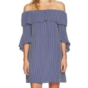Cece | Navy Blue Striped Off the Shoulder Statement Sleeve Dress